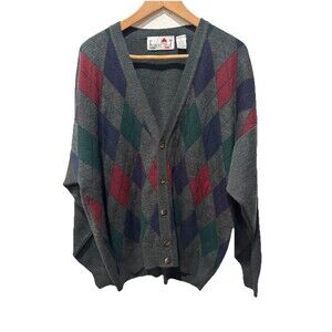 Vintage Florence Tricot Mens Wool Blend Argyle Button Cardigan Size XL Preppy